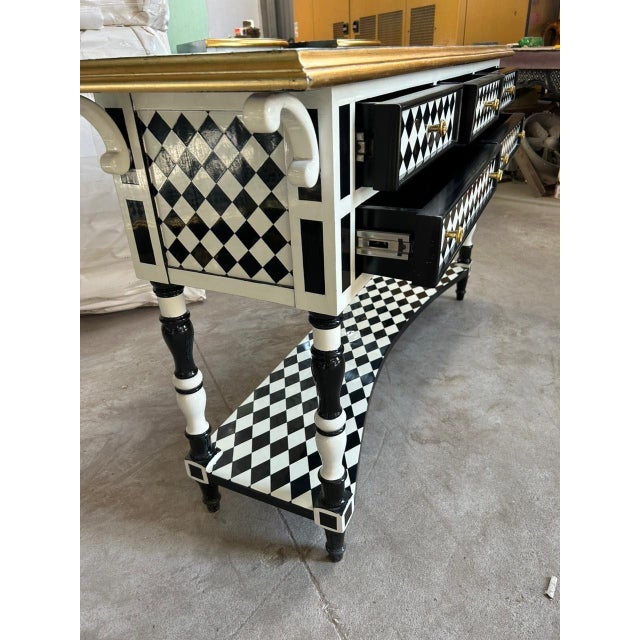 Rococo Handmade Louis XV Checkered Console Table: Black, White & Gold 5-Drawer Design For Sale - Image 3 of 4