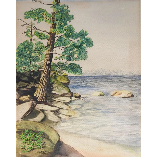 Vintage Mid Century Rocky Seashore Watercolor Painting For Sale - Image 4 of 4