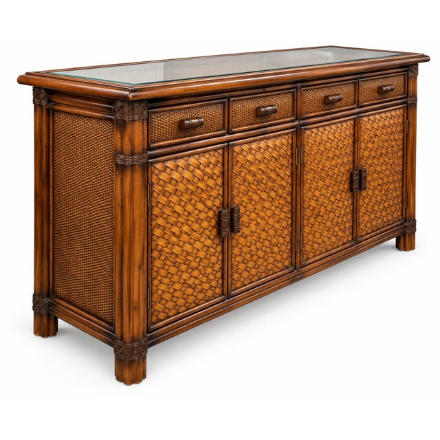 Brown Vintage Rattan and Bamboo-Style Sideboard With Glass-Inset Top – Tropical Regency Cabinet For Sale - Image 8 of 9