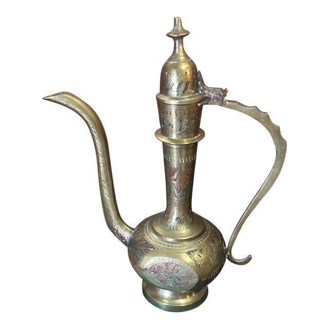 Vintage Brass Etched Teapot For Sale