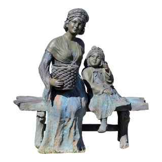 Vintage Life-Size Victorian Mother & Child Garden Sculpture With Bronze Faces, Hands & Upper Body – Garden Bench Statue With Basket Planter, 1980s For Sale