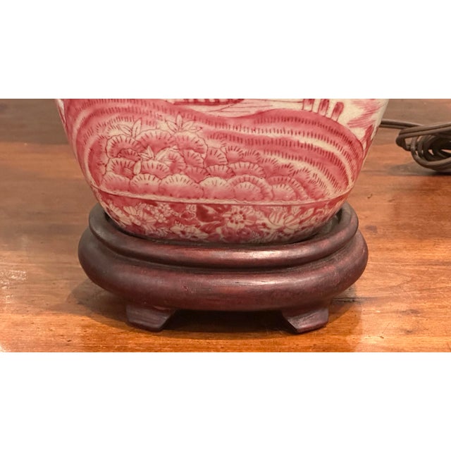 Vintage Chinese Porcelain Pink Chinoiserie Table Lamp With Pommegranate Flowered Handles For Sale In Savannah - Image 6 of 12