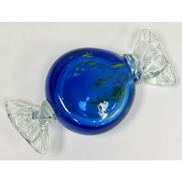 Oversized vintage Murano style blown glass wrap candy decorative objet or paper weight. Vibrant blue with green specks and...