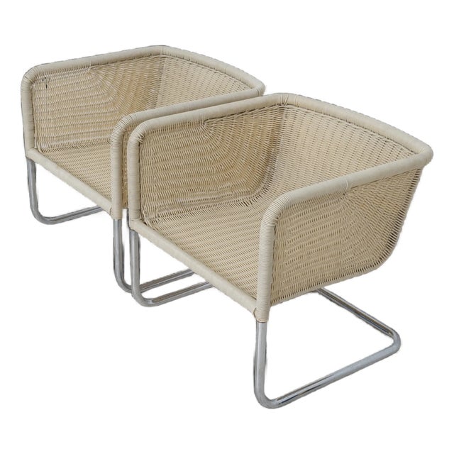 Mid 20th Century Pair of Woven Rattan Armchairs For Sale
