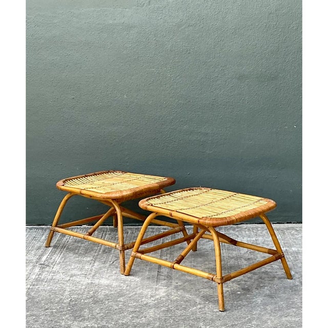 Vintage Rattan Low Stools - Pair For Sale - Image 9 of 12