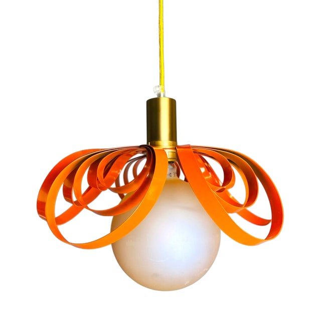 Modernist French Orange Metal Ribbon Hanging Lamp, 2000s For Sale