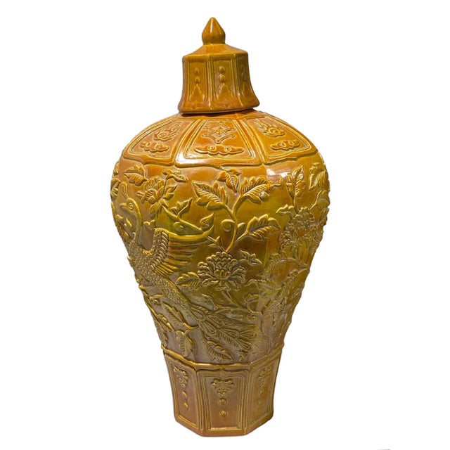 Lg Chinoiserie Octagonal Imperial Yellow Porcelain Famille Jaune Vase 21.5" H For Sale In New York - Image 6 of 10
