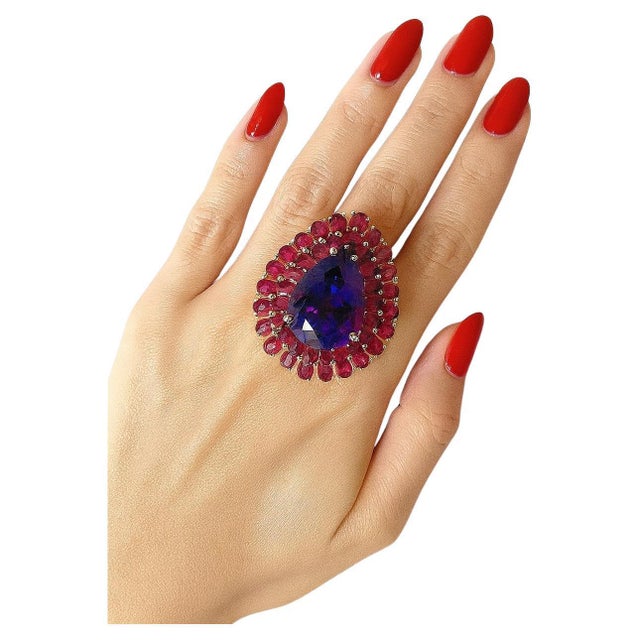 Baroque Bochic “Orient” Vintage Natural Ruby & Amethyst Ring Set In 18 K Gold & Silver For Sale - Image 3 of 9