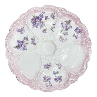Antique Ceramic Oyster Platter With Pink and Purple Lavendar Floral Motif For Sale