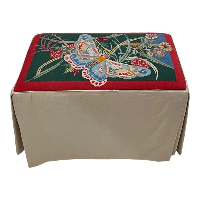Handmade Needlepoint Bench With Butterfly For Sale