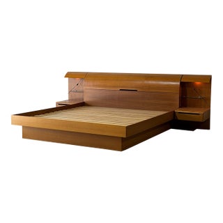Teak King Platform Bed With Built-in Nightstands and Lights Danish Mid-Century Modern 1970s For Sale