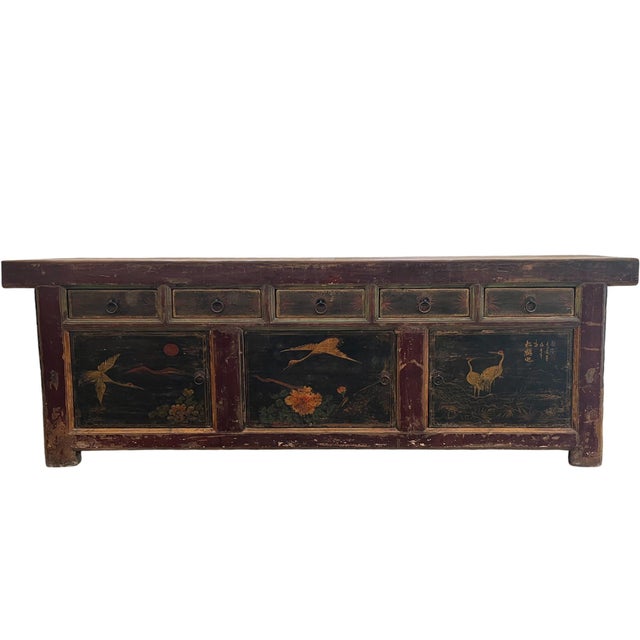 This 98" inch long Asian buffet sideboard features hand-painted flying Songhes, a symbol of longevity in Chinese culture....