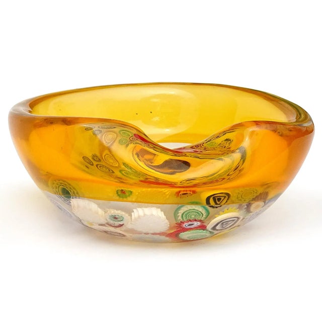 Glass Murano Seguso Millefiori Flower Canes Italian Art Glass Vintage Incalmo Yellow Orange Rim Bowl For Sale - Image 7 of 8