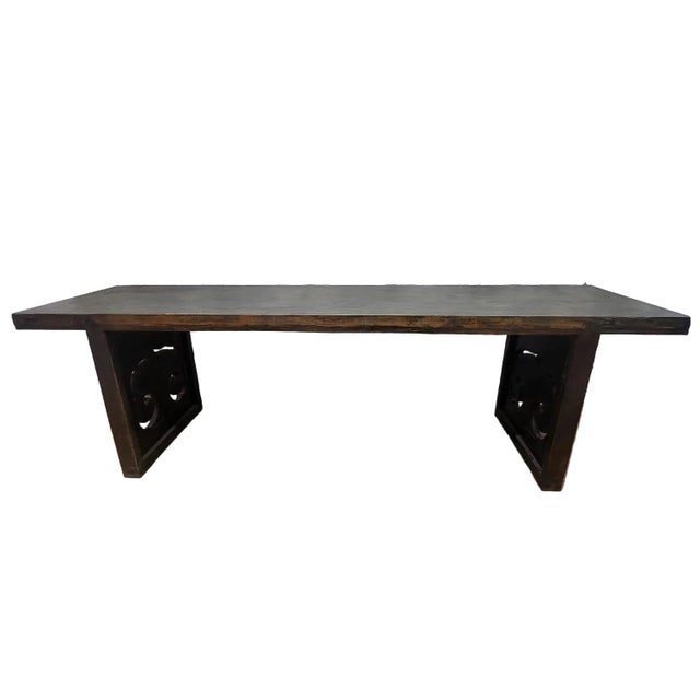 Vintage Chinese Shanxi Elm Calligraphy Table with Carved Panel Legs Crafted from solid elm, this monumental vintage...