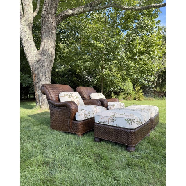 2000 - 2009 Mark Hampton for Hickory Chair Woven Lounge Chairs & Ottomans in Colefax & Fowler—Set of 2 For Sale - Image 5 of 18
