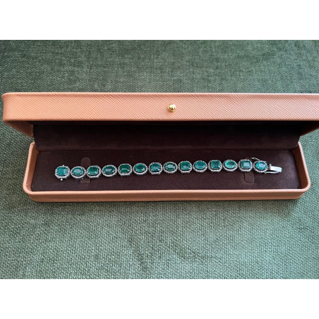 Bochic “Capri” Vintage Natural Zambian Emerald & Diamond Bracelet Set 18K Gold & Silver open and close hinge and safety...