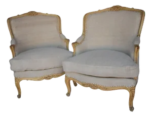 Pair of Bergere Chairs With French Linen Upholstery