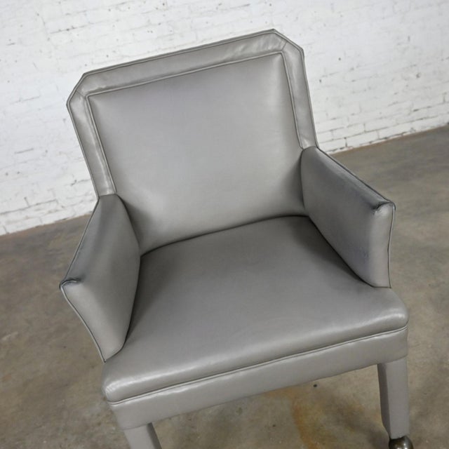 Modern Gray Faux Leather Modified Parsons Style Armed Accent Chair on Casters For Sale - Image 16 of 17