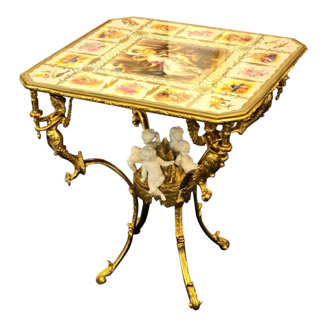 French Style Coffee Table With Cherub Artwork, Bronze Accents For Sale