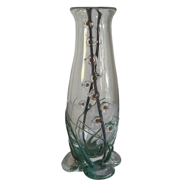 Art Glass Vase With Textural Applied Floral Grass Design For Sale - Image 16 of 18