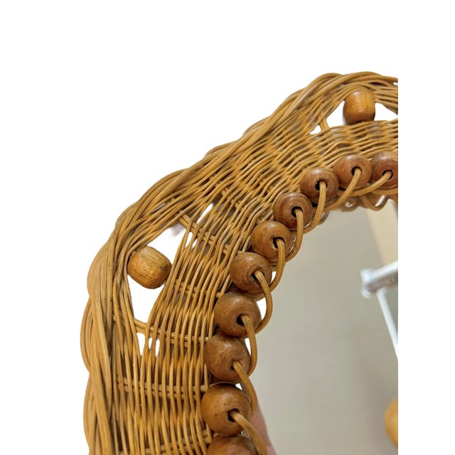 Brown French Mid-Century Sunburst Rattan & Wood Bead Round Wall Mirror For Sale - Image 8 of 13