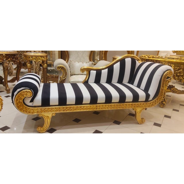 Rococo 1960s French Louis XV Chaise Lounge black and white Striped For Sale - Image 3 of 7