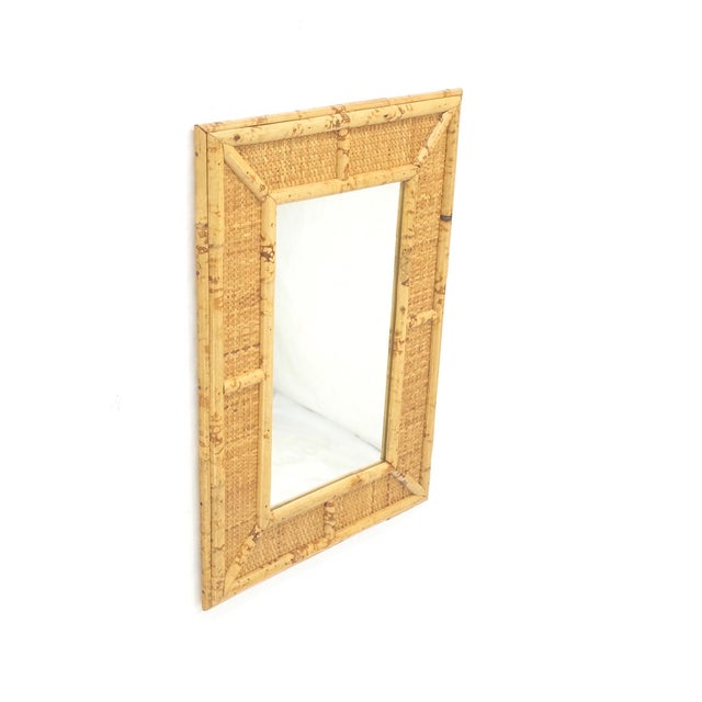 1970s Compact Rectangle Bamboo Frame Decorative Mid Century Modern c1970s Wall Mirror For Sale - Image 5 of 7