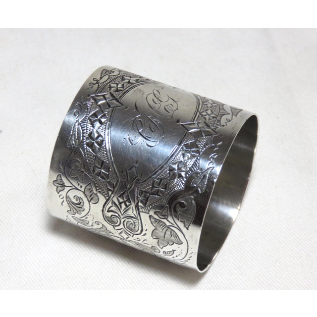 Metal Large Fancy Hand Engraved Decorated Antique American Victorian Sterling Silver Napkin Ring For Sale - Image 7 of 8