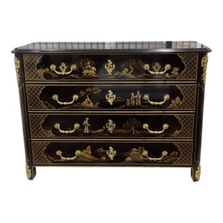 Vintage Hollywood Regency Chinoiserie Black Lacquer Commode For Sale