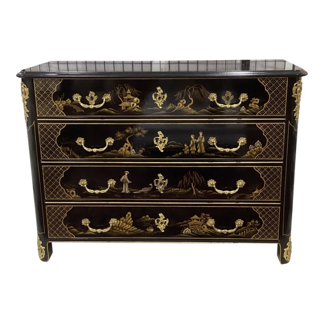 Vintage Hollywood Regency Chinoiserie Black Lacquer Commode For Sale