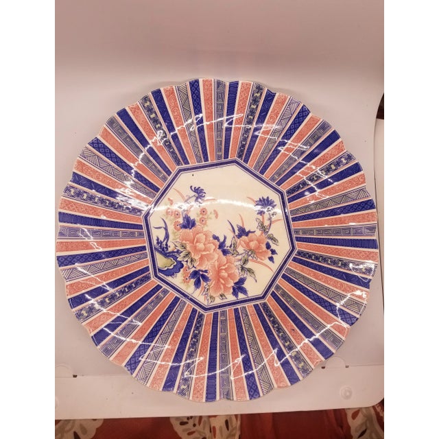 Vintage Sun Ceramic Pink Blue Floral Stripe Asian Chinoiserie Platter