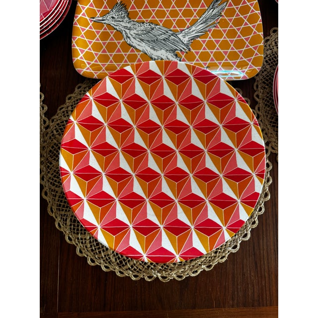 Mid-Century Modern West Elm Melamine Plates With Colorful Geometric Prints & Animal Illustrations by Artist Rachel Kozlowski From 2013 Collaboration - Set of 35 For Sale - Image 3 of 10