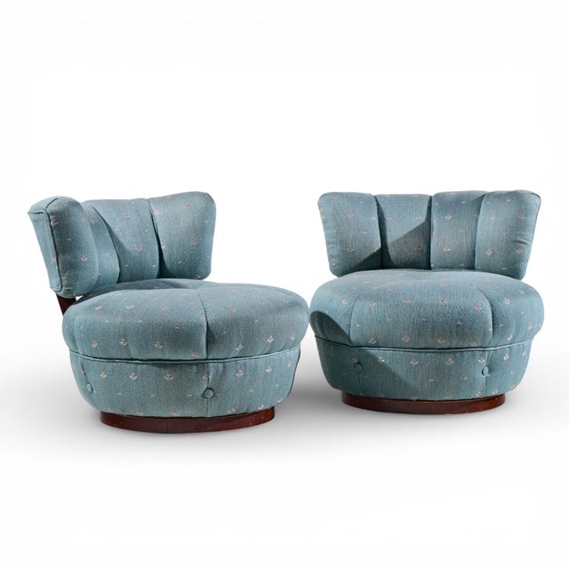 Dunbar Style Mid Century Swivel Pouf Lounge Chairs - Pair This chair measures: 29 wide x 35 deep x 26.75 high, with a seat...