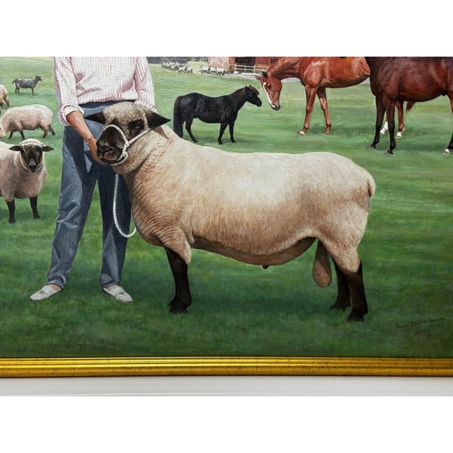 British Oil Portrait Painting Camilla Parker Bowles at Wiltshire Farm Prized Sheep & Horses, Signed Diana Douglas Hamilton Dated 2002 For Sale - Image 10 of 12