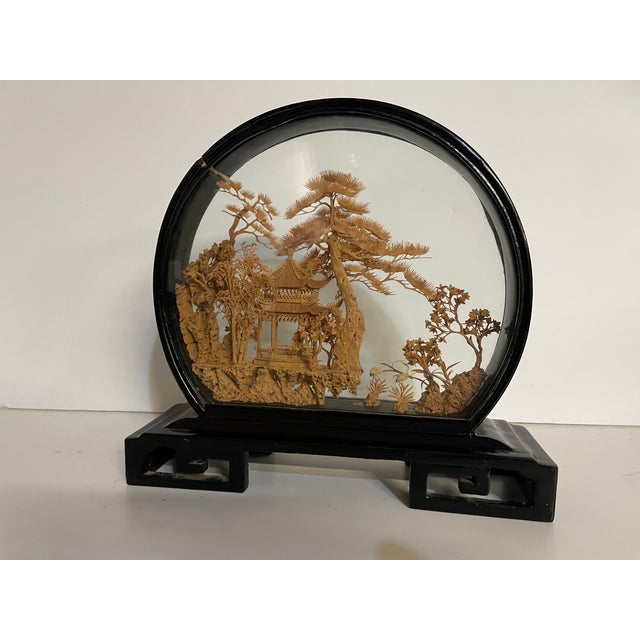 Beautiful handmade, one of a kind mid 20th century Chinese cork diorama. Black lacquer shadow box encompasses a very...