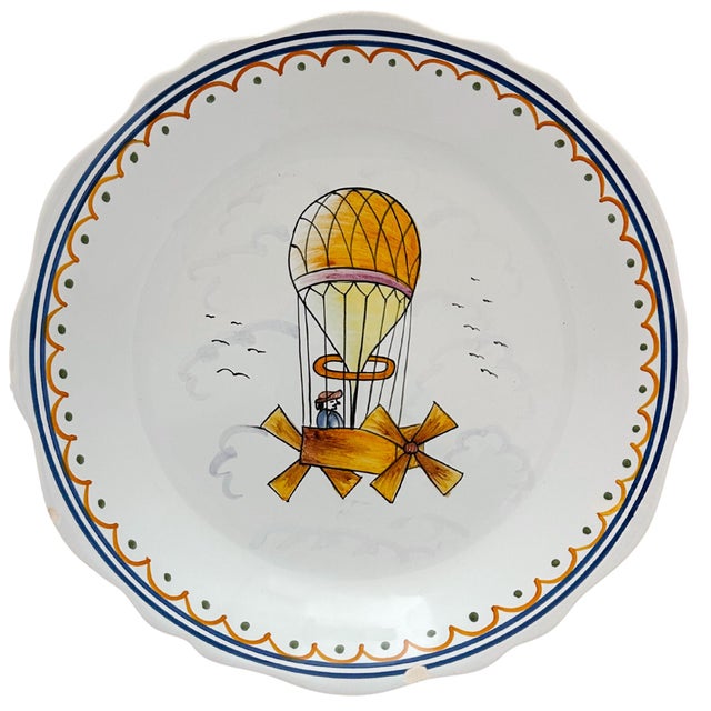 Late 20th Century French Faience "Voyage Dans Les Airs" Hot Air Balloon Plates - Set of 3 For Sale In San Diego - Image 6 of 8