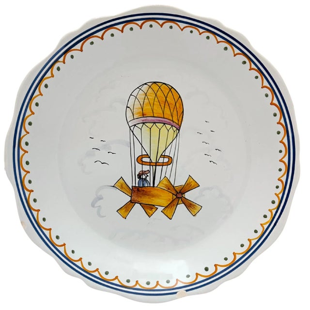 Vintage French Faience "Voyage Dans Les Airs" Hot Air Balloon Plates - Set of 3 For Sale In San Diego - Image 6 of 8