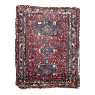 Rusty Red with Emerald Green Vintage Karaja Rug 3.3 x 4 For Sale