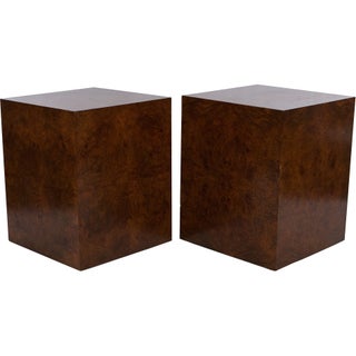Milo Baughman Walnut Burl Cube Tables - A Pair For Sale