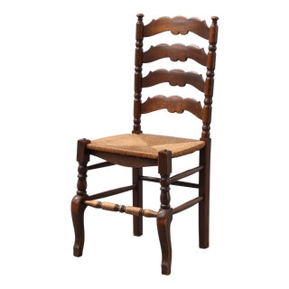 Rustic Oak Ladder-Back Chair with Rush Seat and Cabriole Front Legs, France, 1900s For Sale