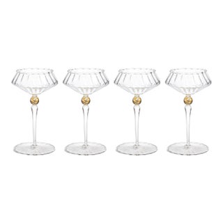 Ondine 4-Piece Set Fluted Coupe Glasses, Clear with Light Amber Accent For Sale