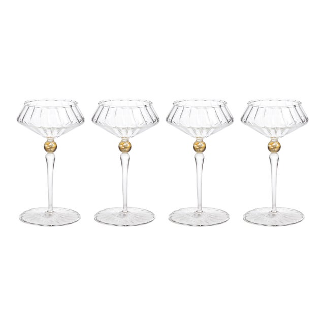 Ondine 4-Piece Set Fluted Coupe Glasses, Clear with Light Amber Accent For Sale