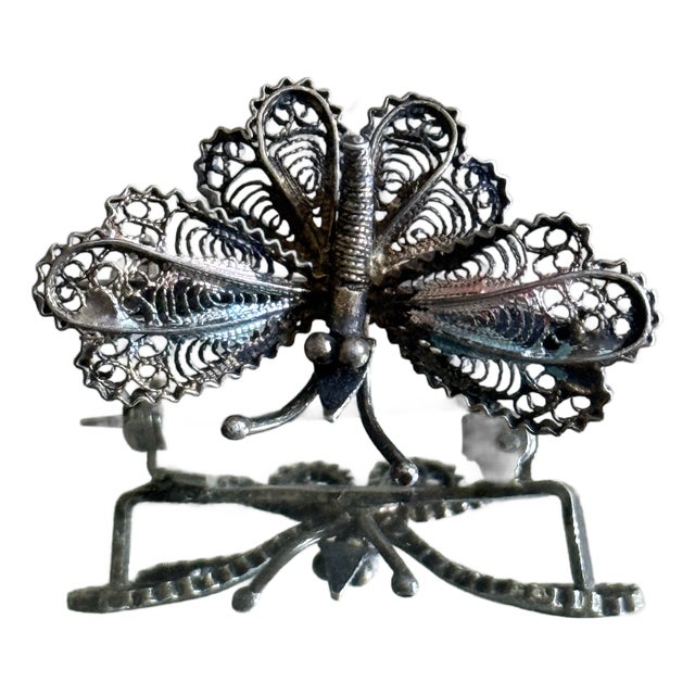 Mid Century Italian 800 Silver Filigree Butterfly Brooch For Sale