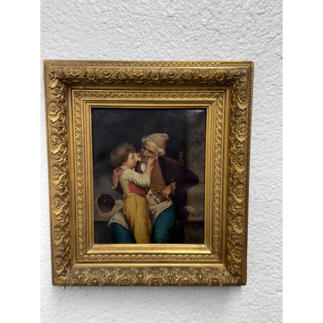 Design Plus Gallery presents an Antique Framed Artwork. In the style of Alessandro Sani of "Grandpa and Grandson". The...