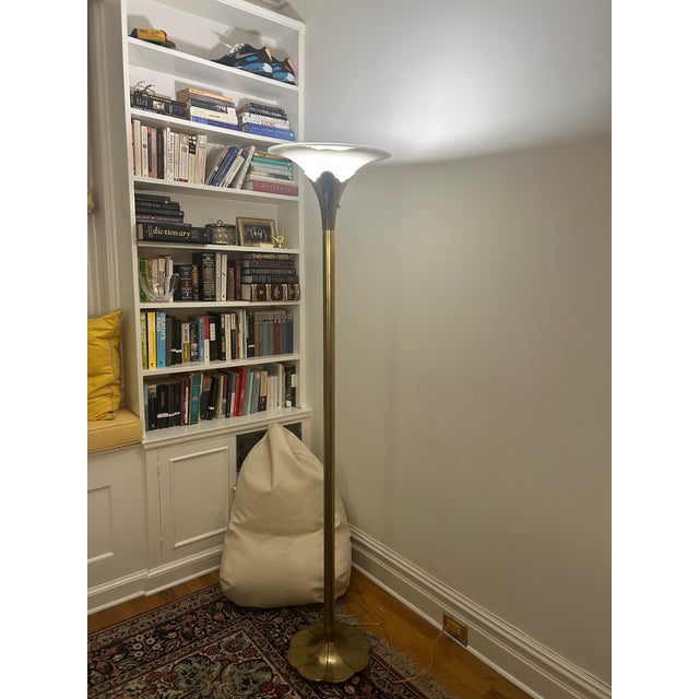 Art Deco Vintage Stiffel Brass Tulip Torchiere Floor Lamp Original For Sale - Image 3 of 10