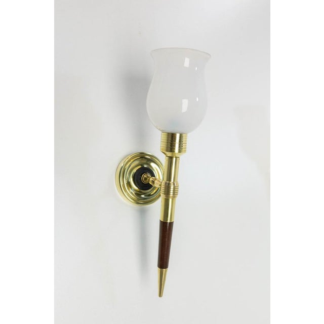 1960s Brass and Iroko Wall Sconces with Opaline Lampshades from Maison Lancel, 1960, Set of 2 For Sale - Image 5 of 10