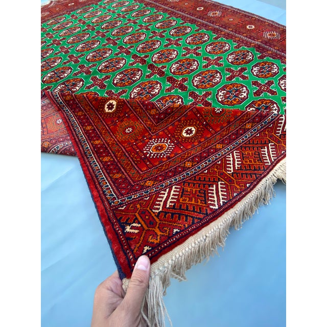 Afghan Hand-Knotted Green and Rust Tekke Wool Oriental Area Rug 6.8 X 9.4 Ft For Sale - Image 11 of 12