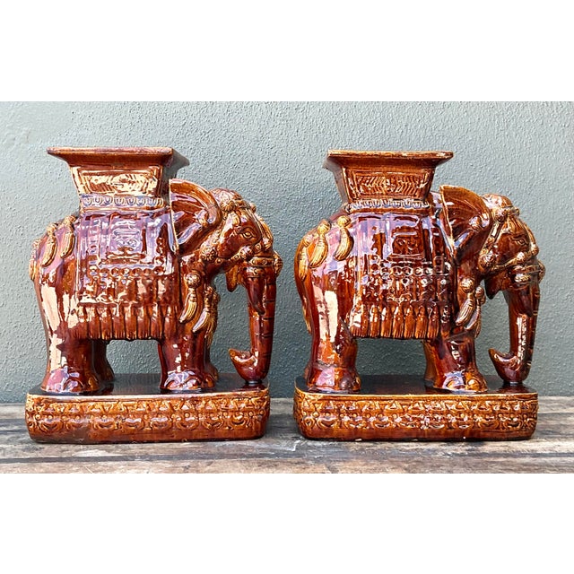 Vintage Glazed Ceramic Elephant Low Stools - A Pair For Sale - Image 4 of 12