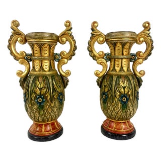 Neoclassical Polychrome Hand Painted Vases, 1980s, Set of 2 For Sale