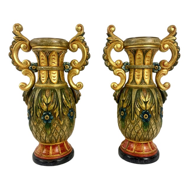 Neoclassical Polychrome Hand Painted Vases, 1980s, Set of 2 For Sale